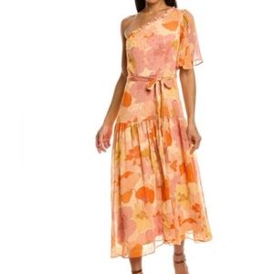 TAYLOR Women's Elegant One-Shoulder Orange Pink Midi Dress Side Zipper Size 10